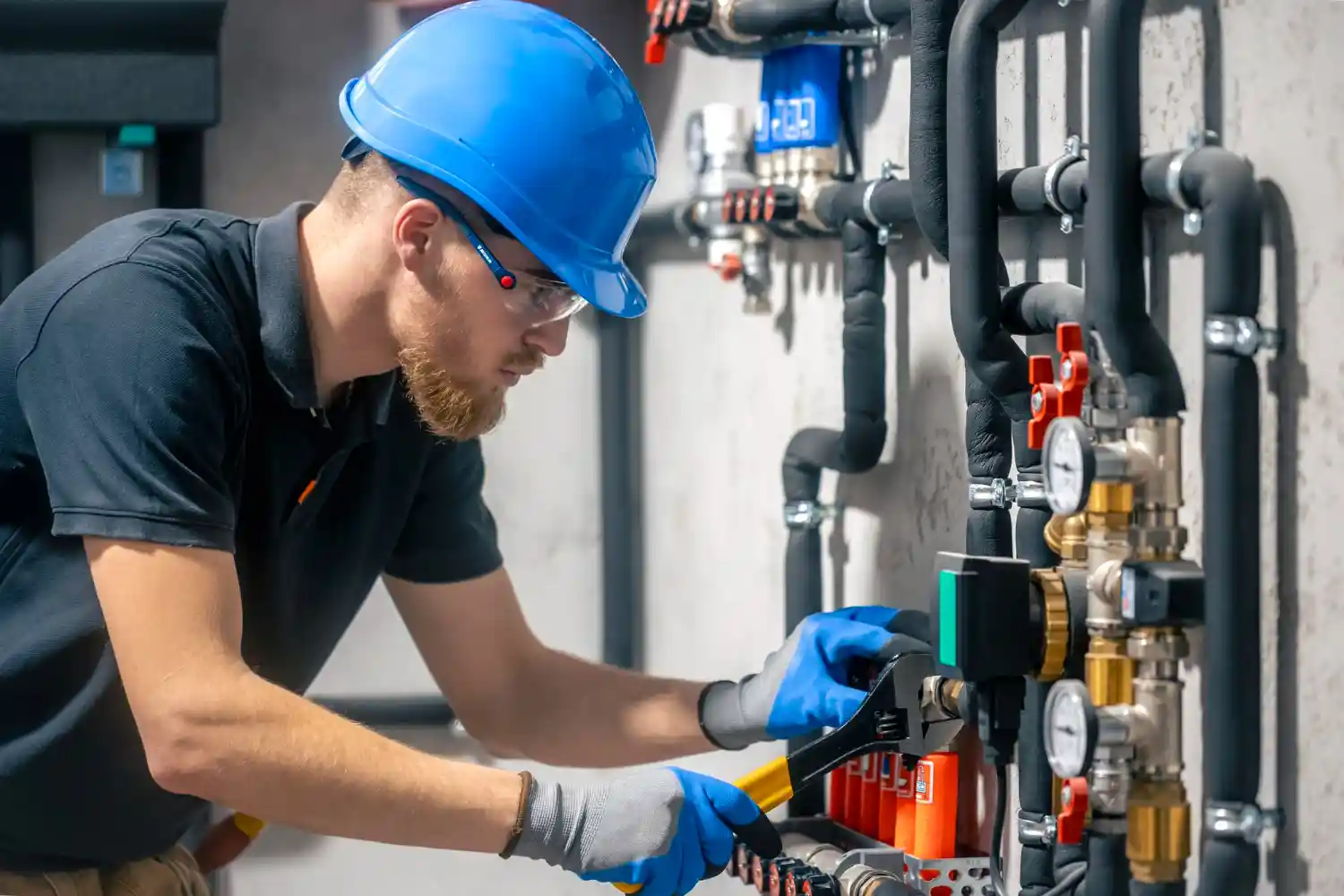 Professional plumber repairing pipes, fixing leaks and installing plumbing systems in residential property