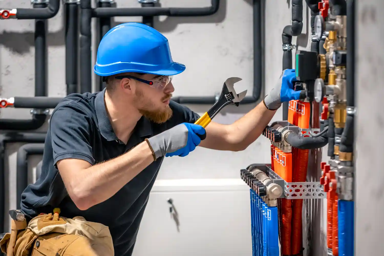 Professional plumber repairing home plumbing system with modern tools in Bournemouth