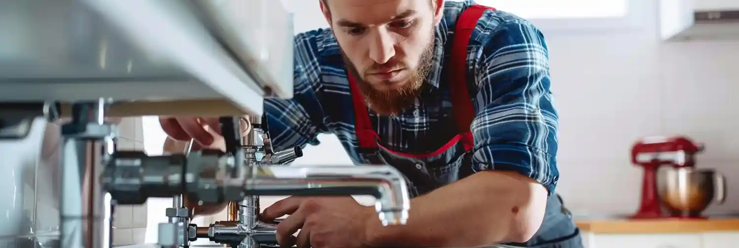 Professional plumber repairing leaking pipes and blocked drains in residential property
