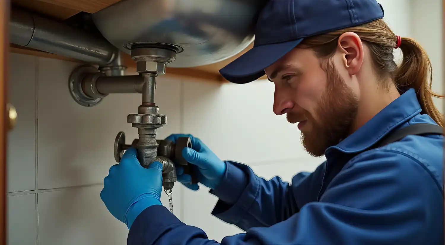 Technician inspecting underground pipes and heating system using non-invasive leak detection tools