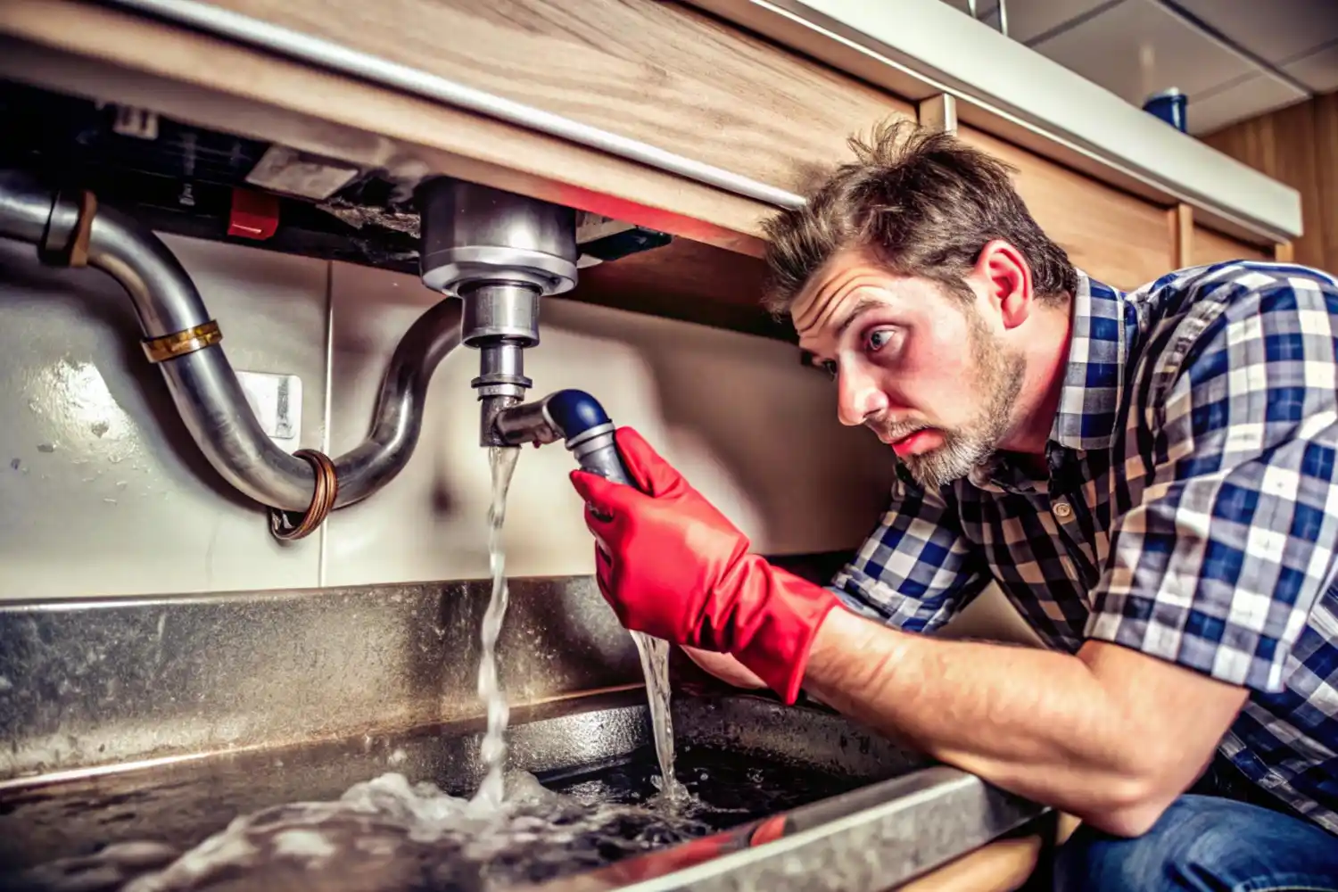 Skilled emergency plumber repairing burst pipes and fixing water damage in a home