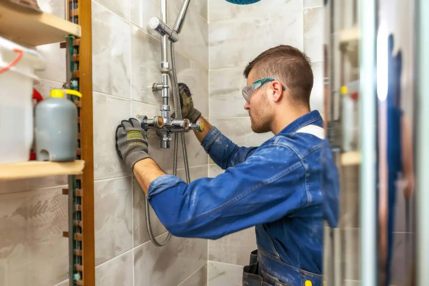 Professional plumber installing a modern shower system in a Brighton bathroom