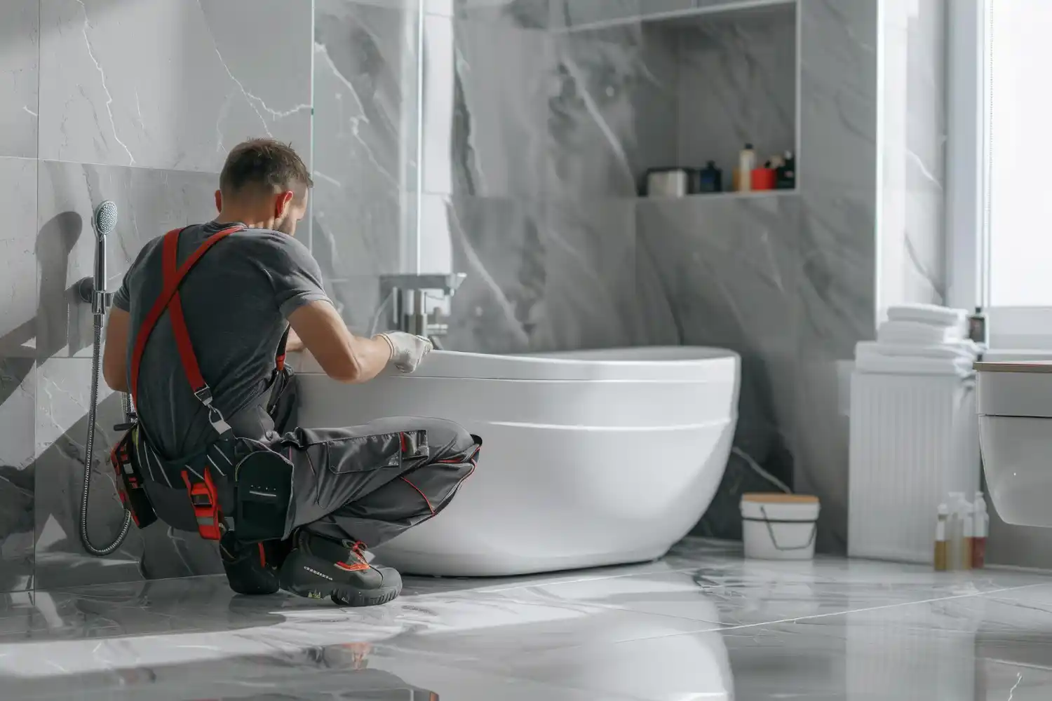 Professional plumber installing a modern shower in a stylish Bristol bathroom
