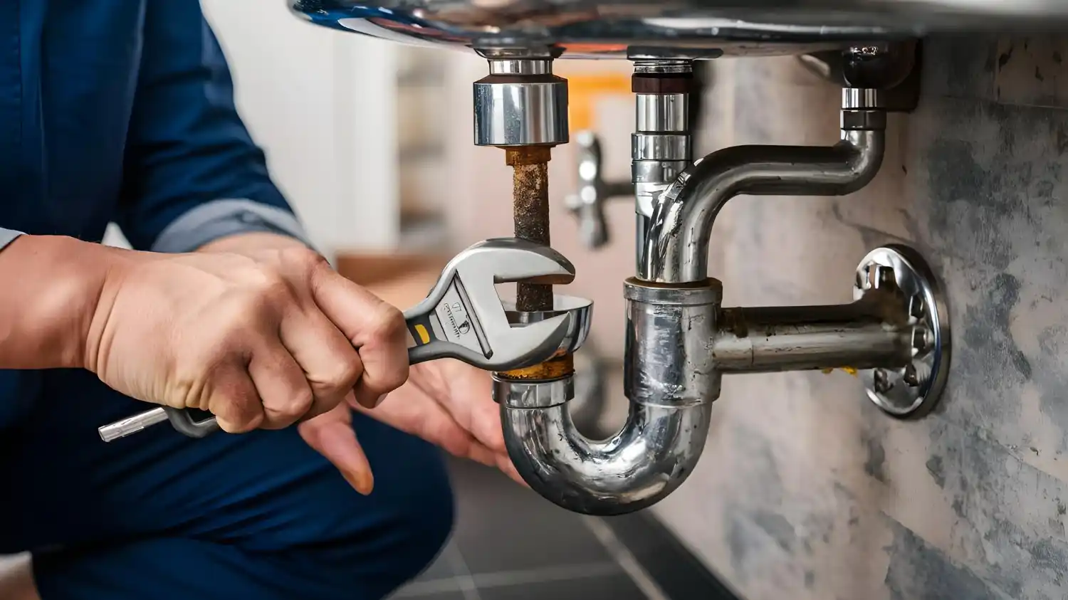 Experienced plumber repairing household plumbing systems and water leaks