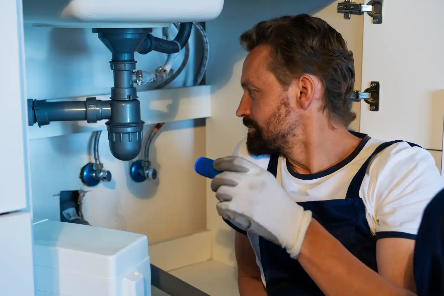 Professional plumber carrying out residential plumbing repairs and installations