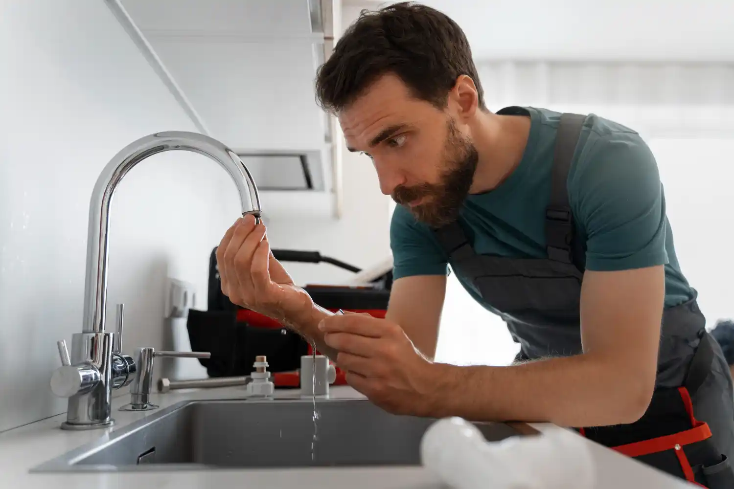 Professional plumber inspecting and maintaining complex plumbing systems using modern tools